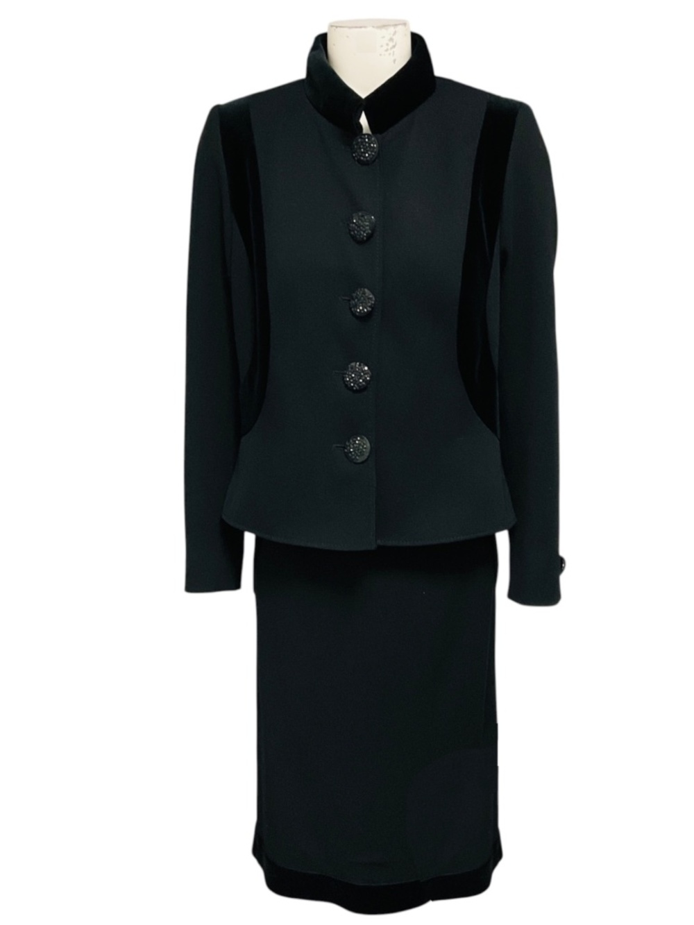 VALENTINO VINTAGE BLACK VELVET TRIMMED WOOL JACKET AND SKIRT SUIT SET